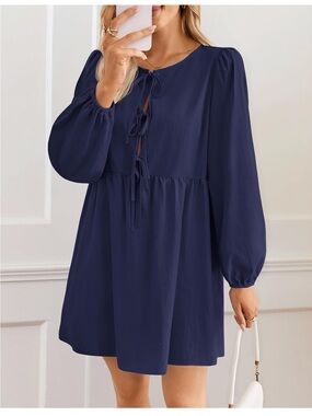 Long Sleeve Navy Tie-Front Babydoll Dress